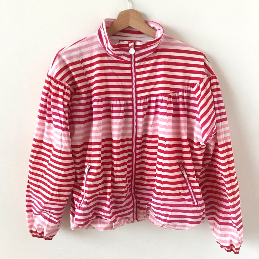 Hunter pink, red, and white striped jacket